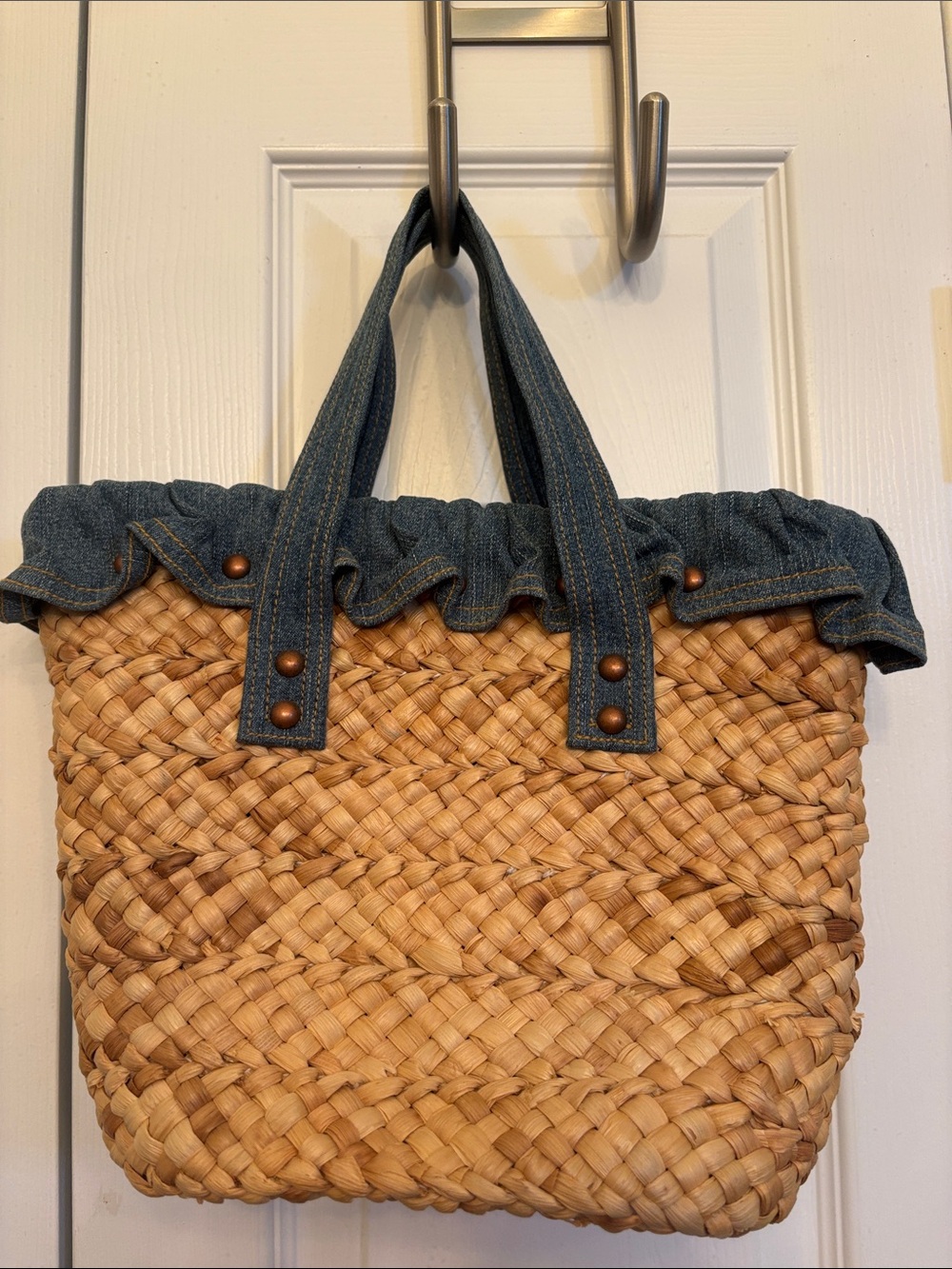 Vintage Polo by Ralph Lauren Blue Denim-Trim Woven Straw Tote